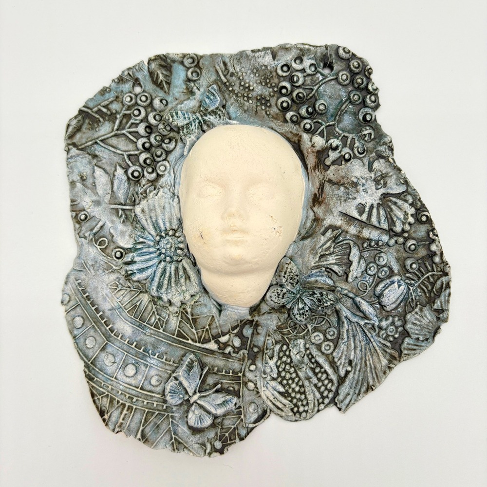 Surrealist Ceramic Doll Face Wall Art Whimsigoth Botanical Butterfly Sculpture